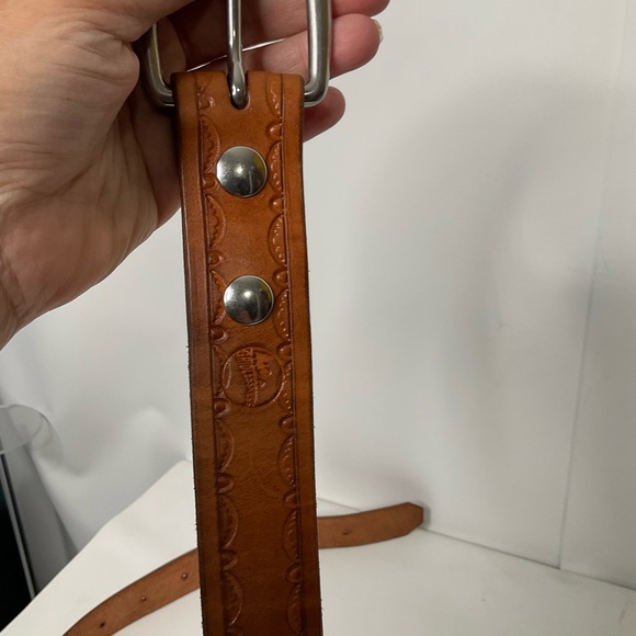 Leather Brown Belt w/Silver Plated Hardware w/Scalloped Design on Belt Size~ 48” - Picture 2 of 13